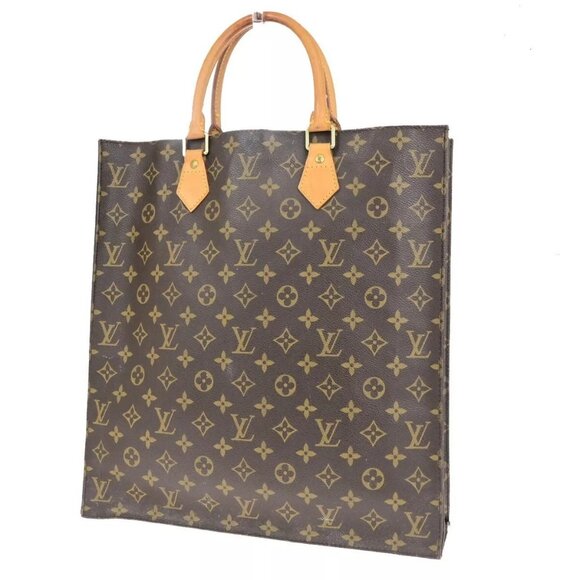 LOUIS VUITTON Logo Sac Plat Hand Tote Bag Monogram Leather Brown - Picture 1 of 15